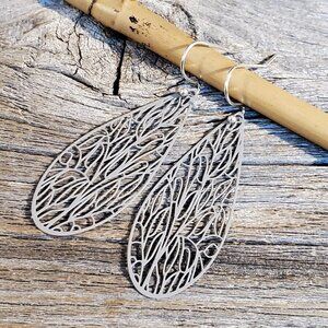 Handcrafted Lacy Stormy Gray Filigree Slim Teardrop Enamel Pendant Earrings